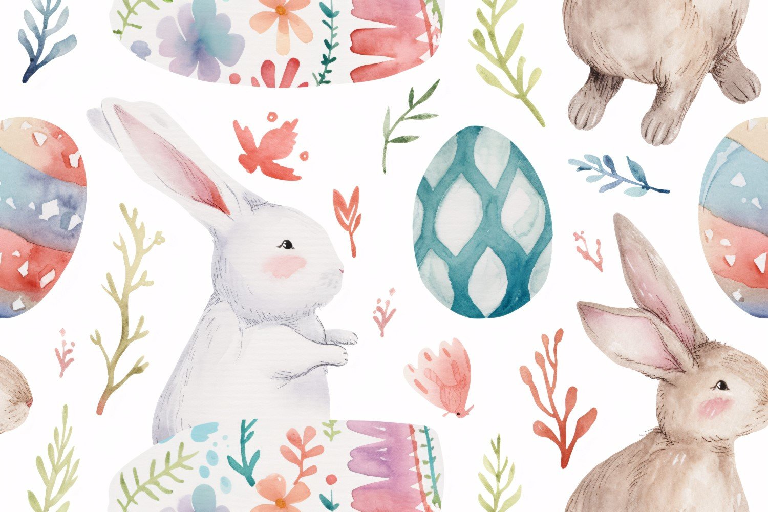 Watercolour Easter Bunnies With Colourful Easter Eggs 1