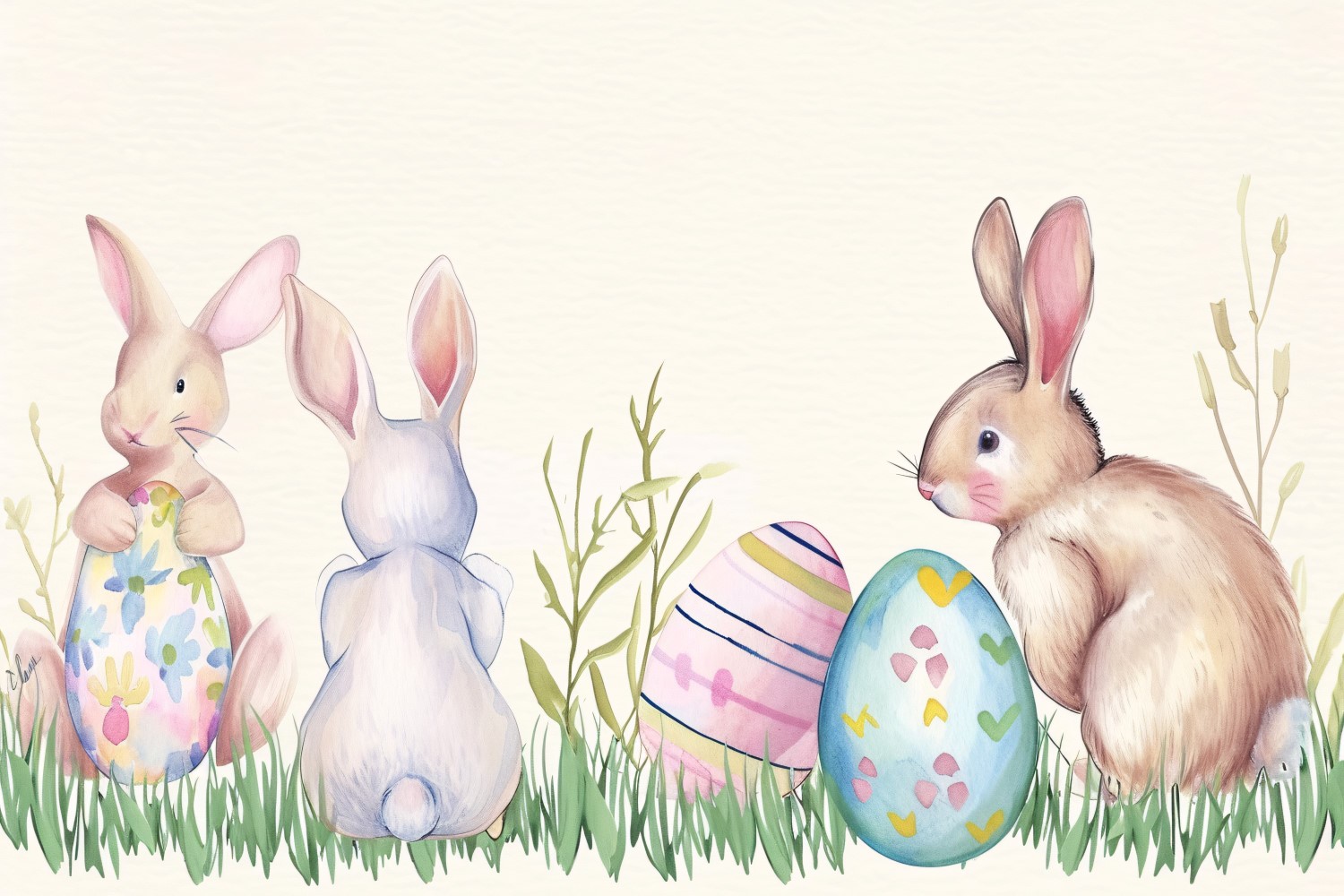 Watercolour Easter Bunnies With Colourful Easter Eggs 3