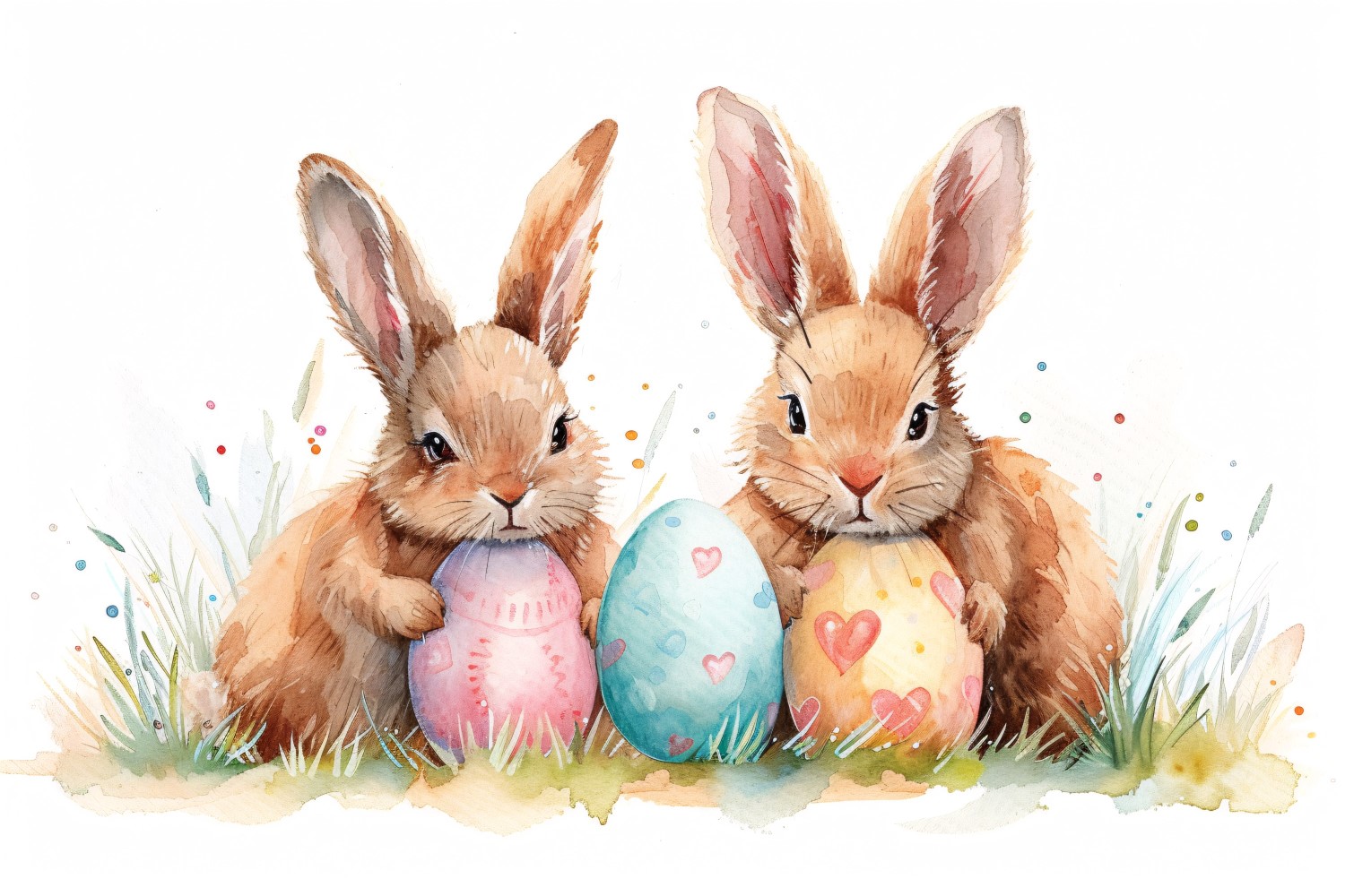 Watercolour Easter Bunnies With Colourful Easter Eggs 17