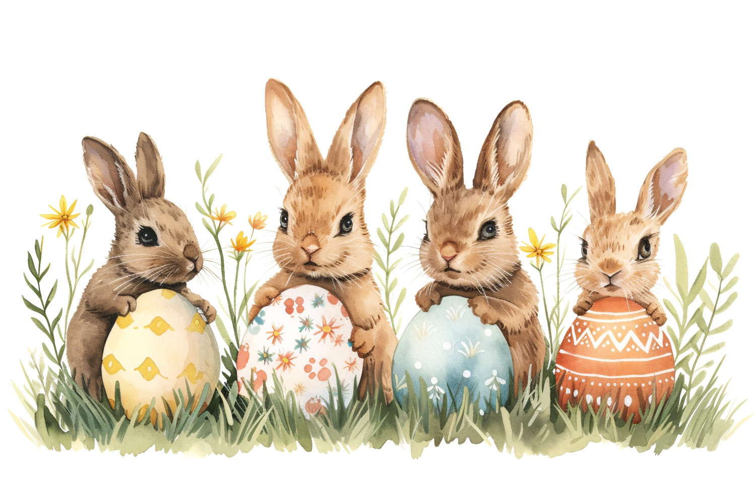 Watercolour Easter Bunnies With Colourful Easter Eggs 19
