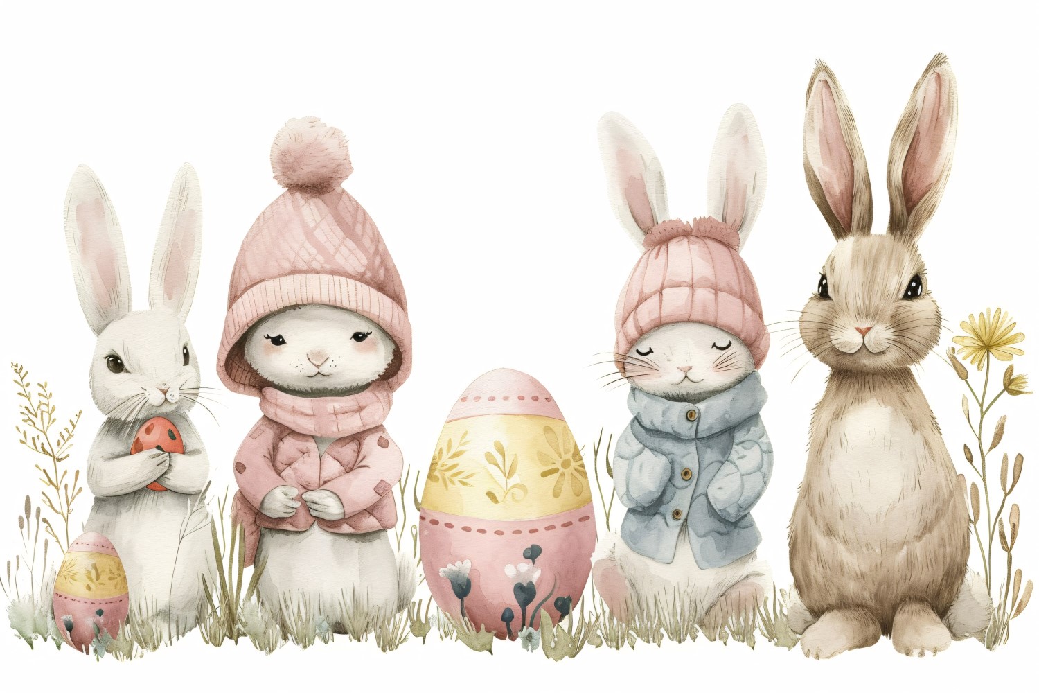 Watercolour Easter Bunnies With Colourful Easter Eggs 37