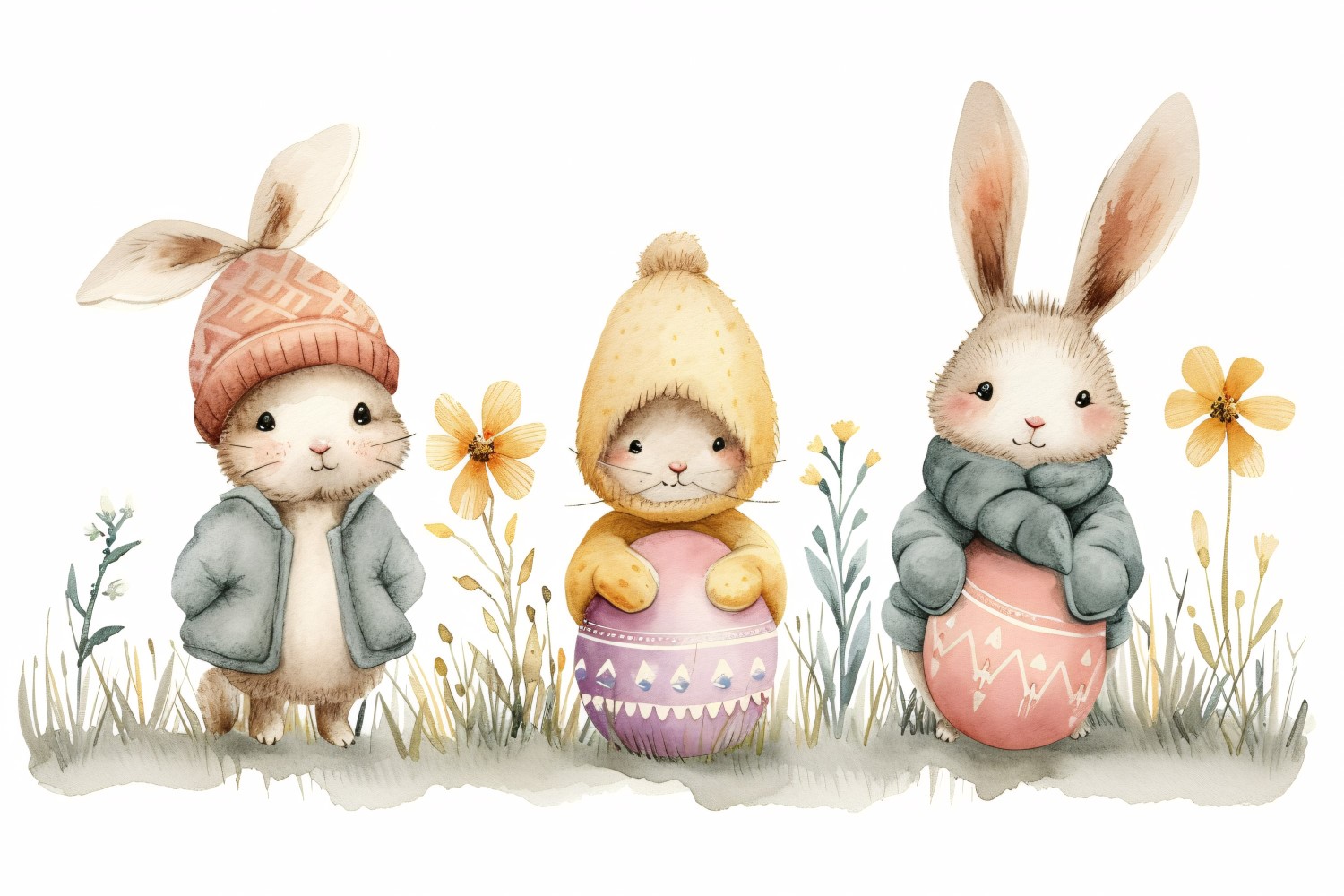 Watercolour Easter Bunnies With Colourful Easter Eggs 39