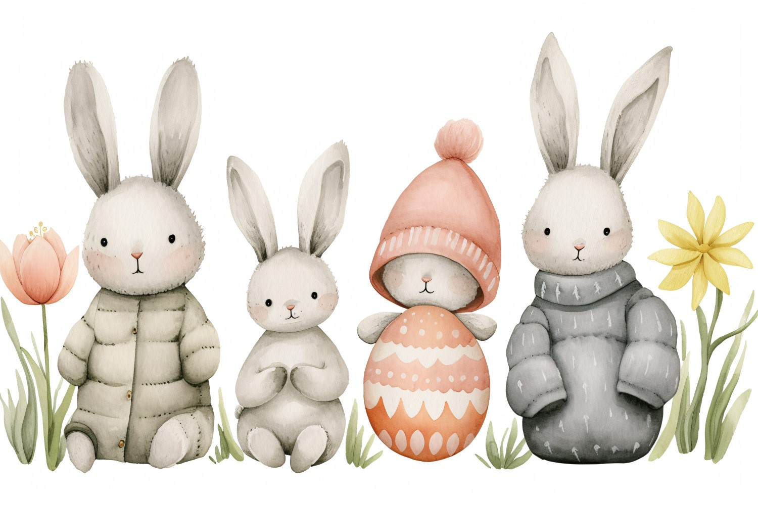 Watercolour Easter Bunnies With Colourful Easter Eggs 45