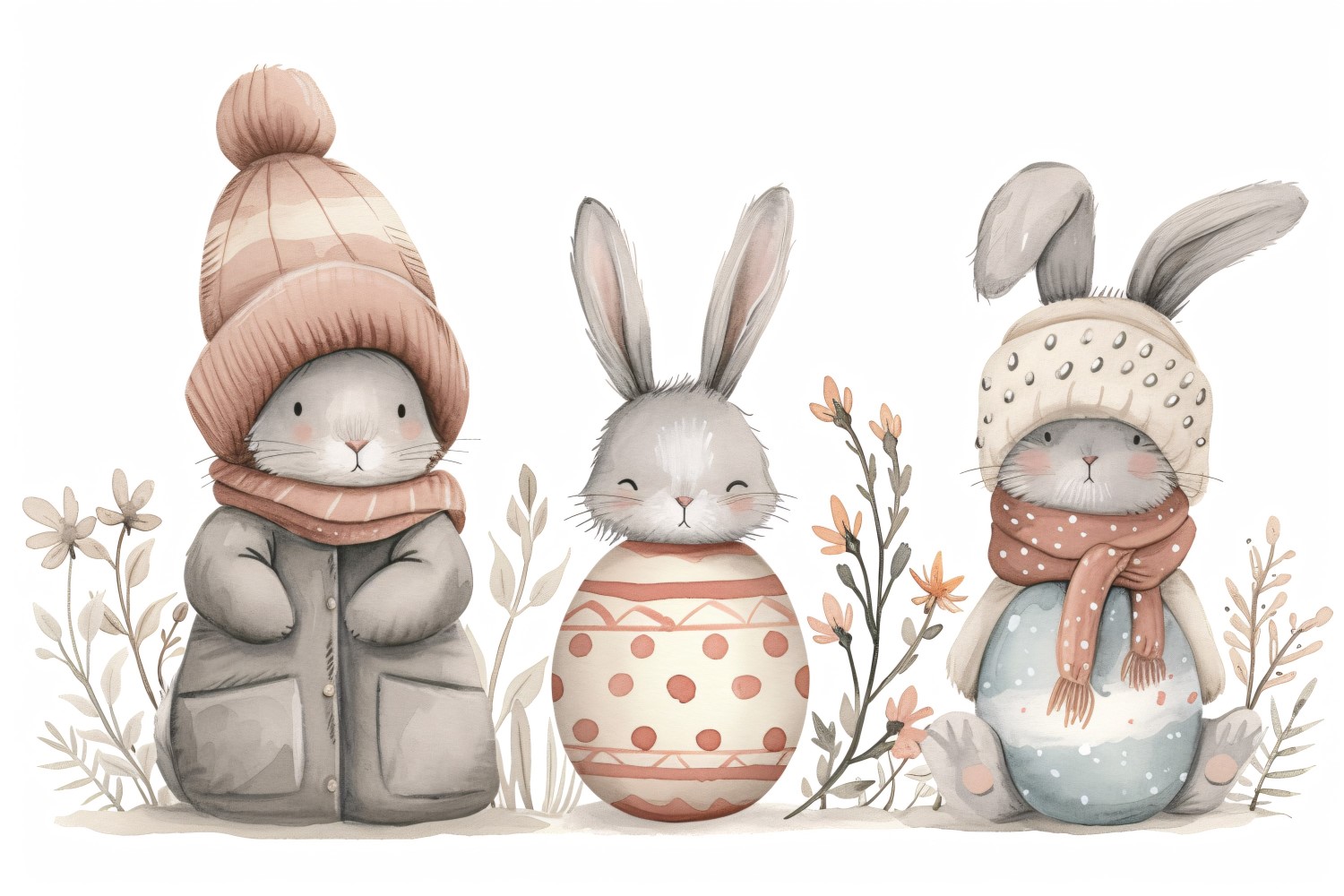 Watercolour Easter Bunnies With Colourful Easter Eggs 46