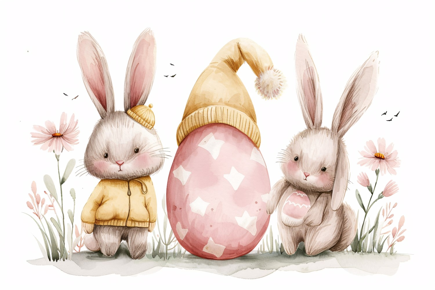 Watercolour Easter Bunnies With Colourful Easter Eggs 49