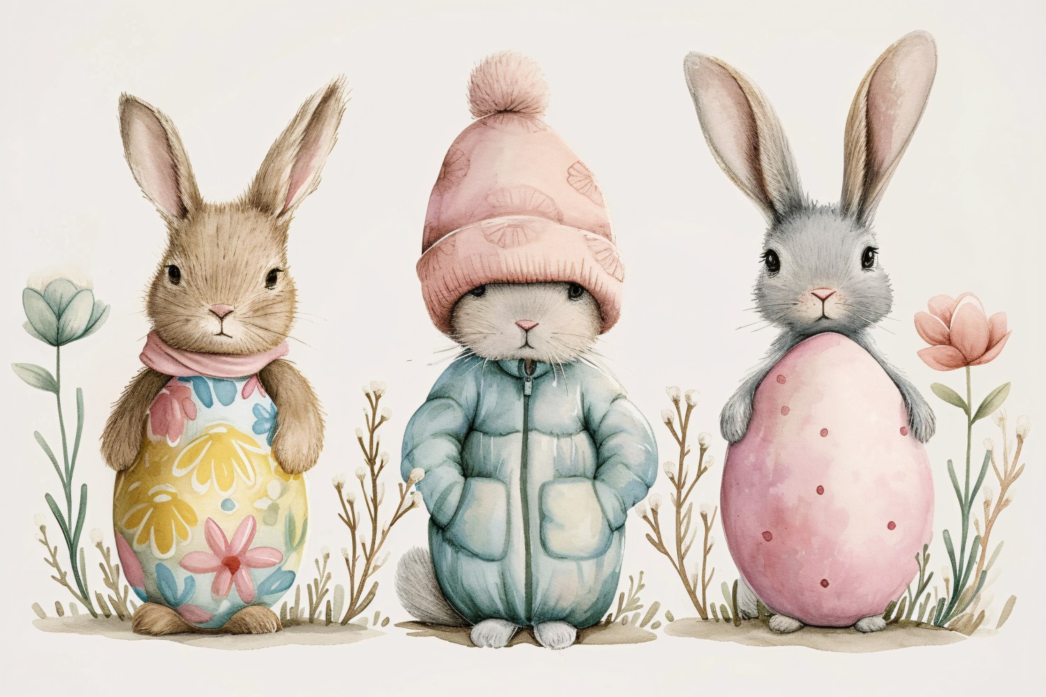 Watercolour Easter Bunnies With Colourful Easter Eggs 51