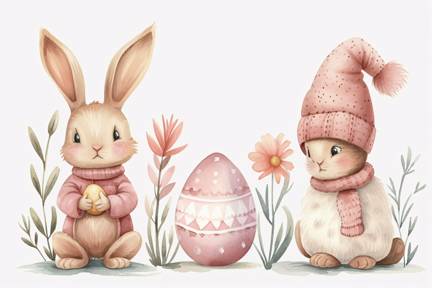 Watercolour Easter Bunnies With Colourful Easter Eggs 53