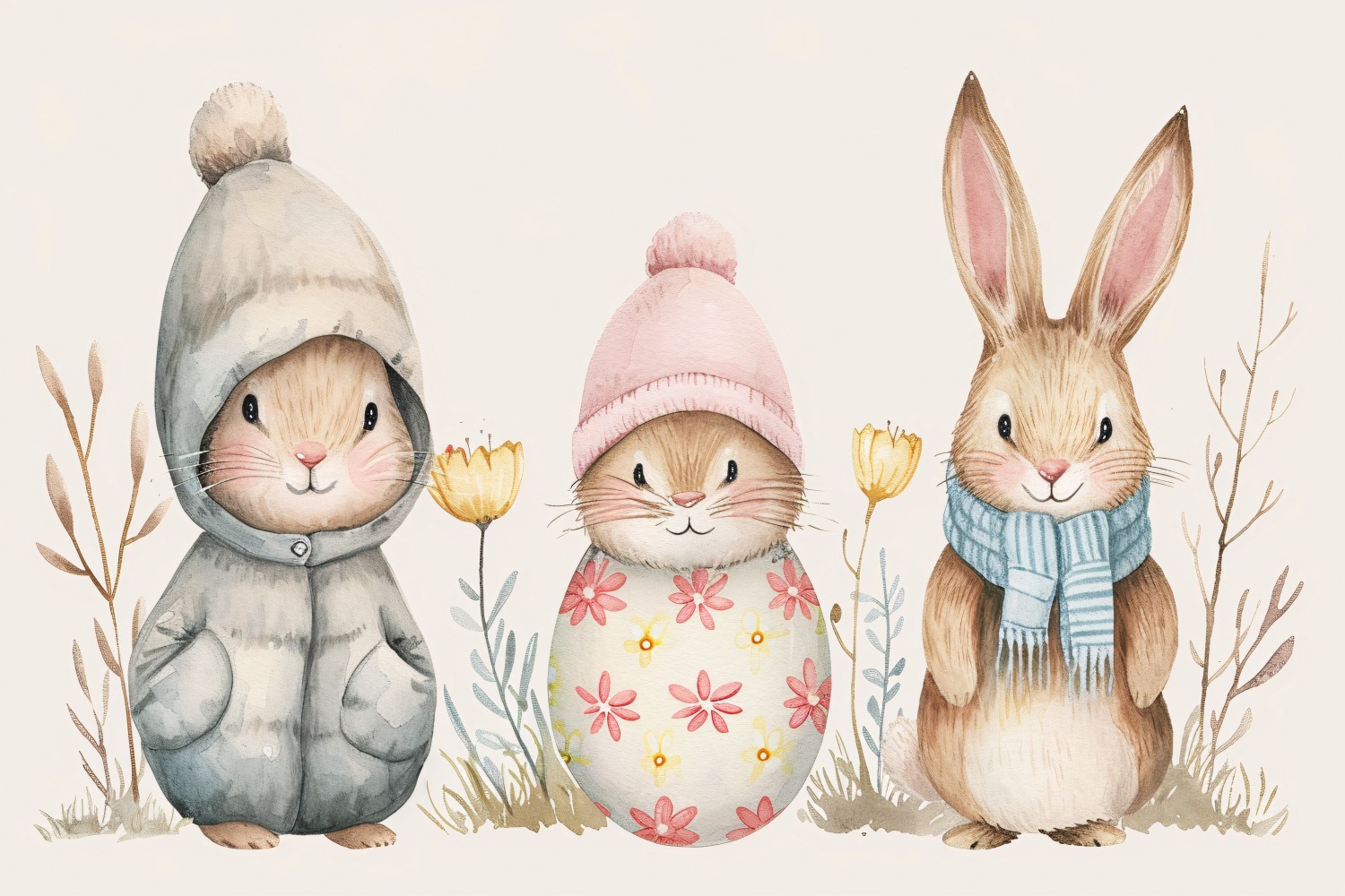 Watercolour Easter Bunnies With Colourful Easter Eggs 56