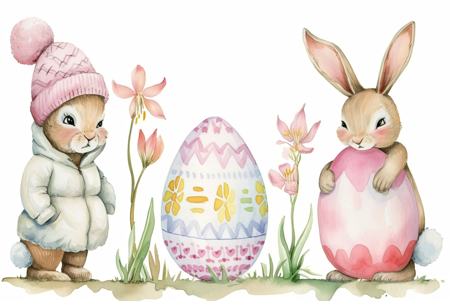 Watercolour Easter Bunnies With Colourful Easter Eggs 59
