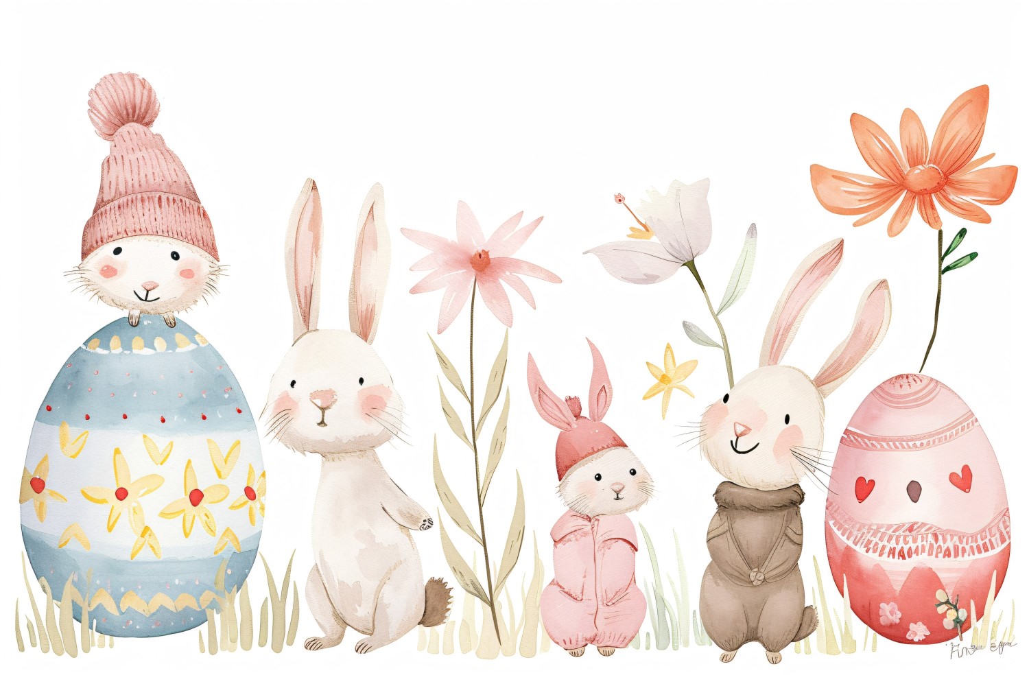 Watercolour Easter Bunnies With Colourful Easter Eggs 61