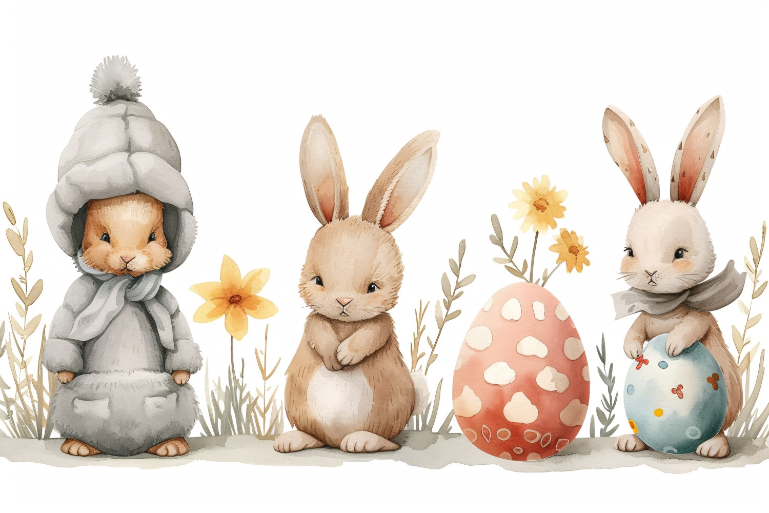 Watercolour Easter Bunnies With Colourful Easter Eggs 65