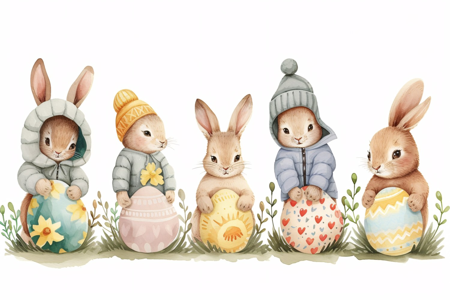 Watercolour Easter Bunnies With Colourful Easter Eggs 68