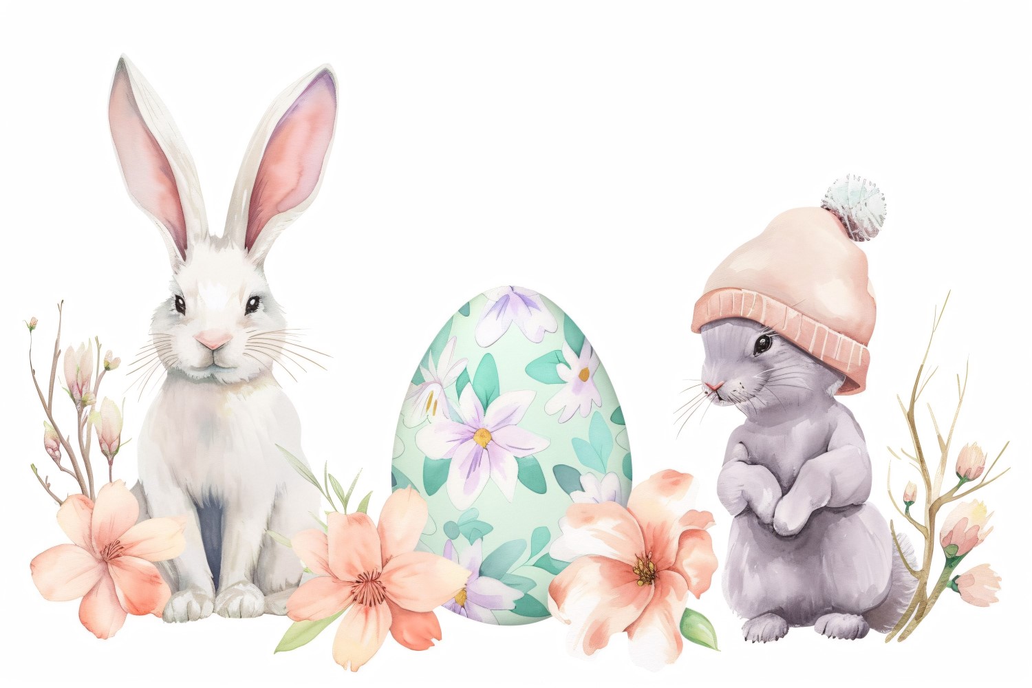 Watercolour Easter Bunnies With Colourful Easter Eggs 72