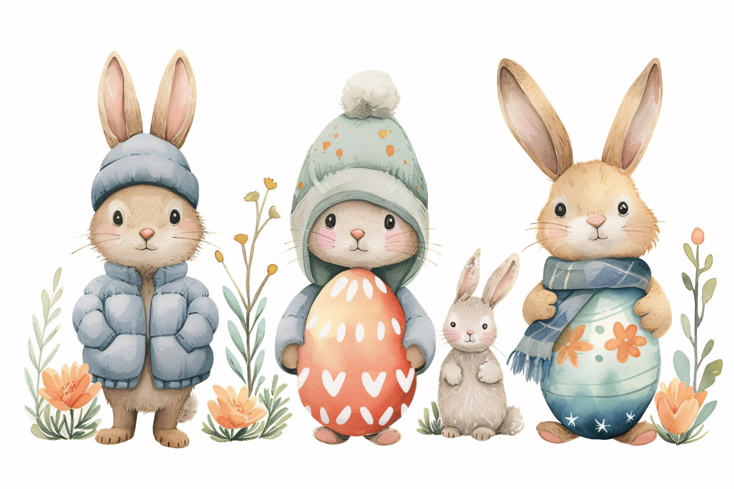 Watercolour Easter Bunnies With Colourful Easter Eggs 74