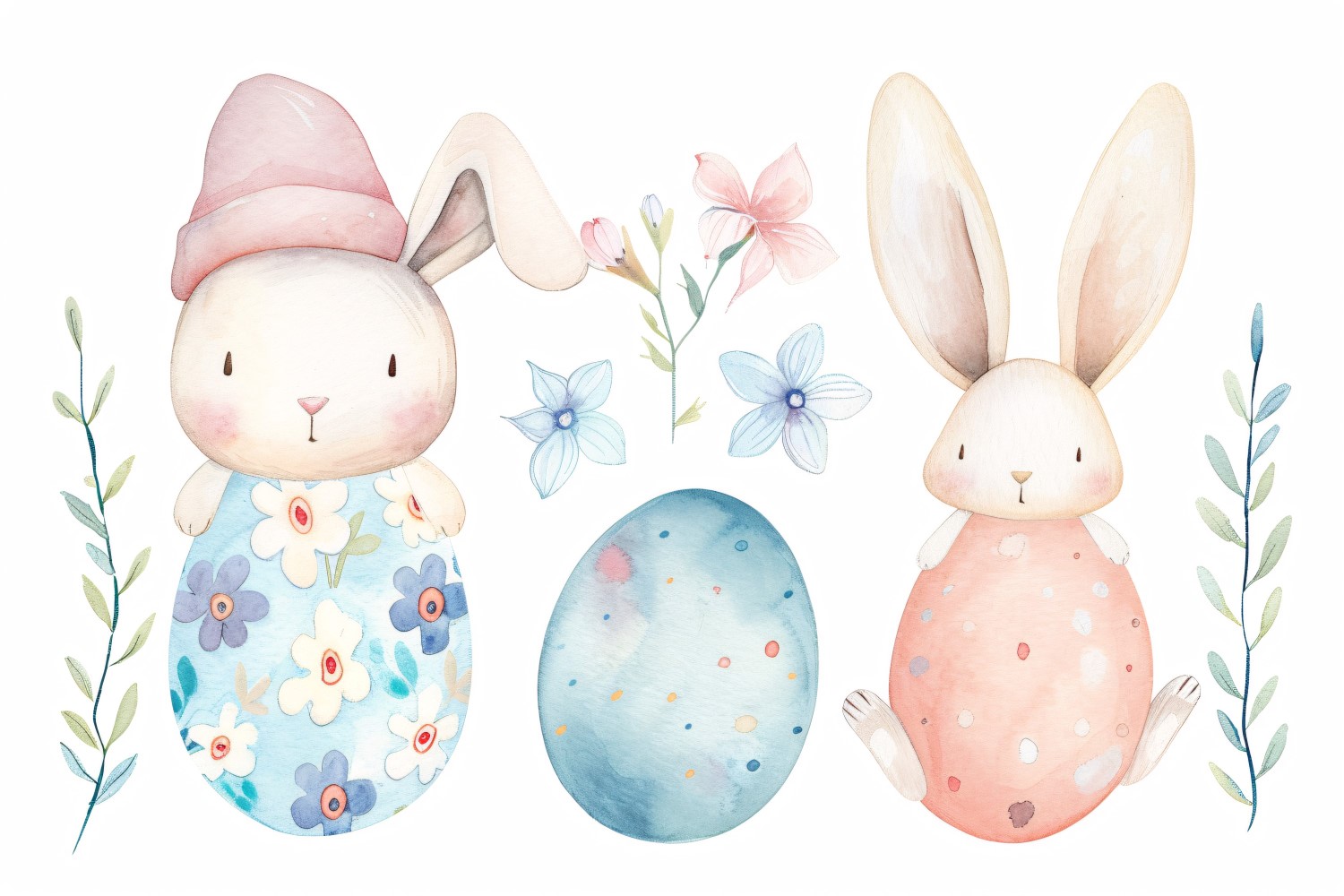 Watercolour Easter Bunnies With Colourful Easter Eggs 85
