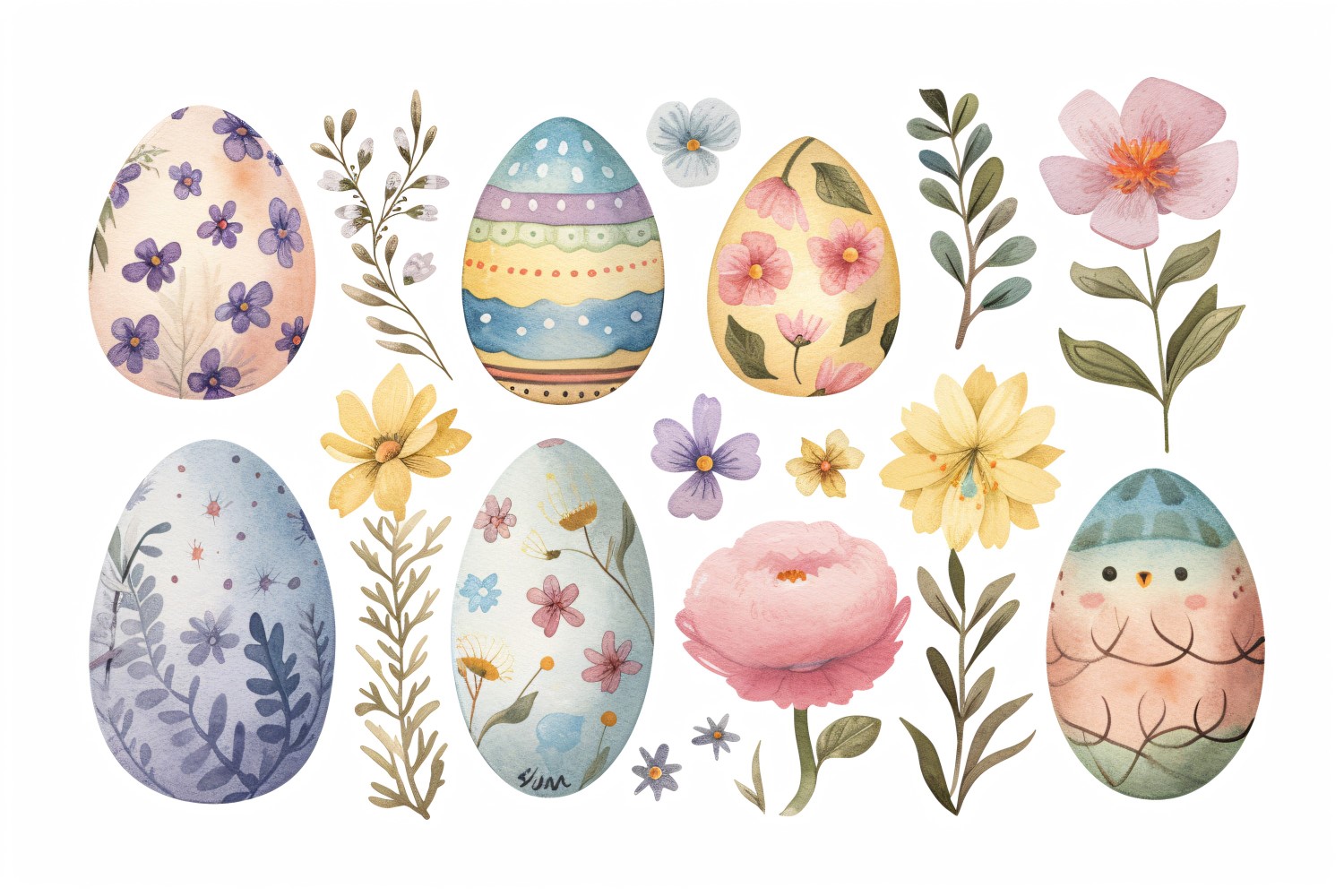 Colourful Watercolour Decorative Easter Egg & Spring Flower 124