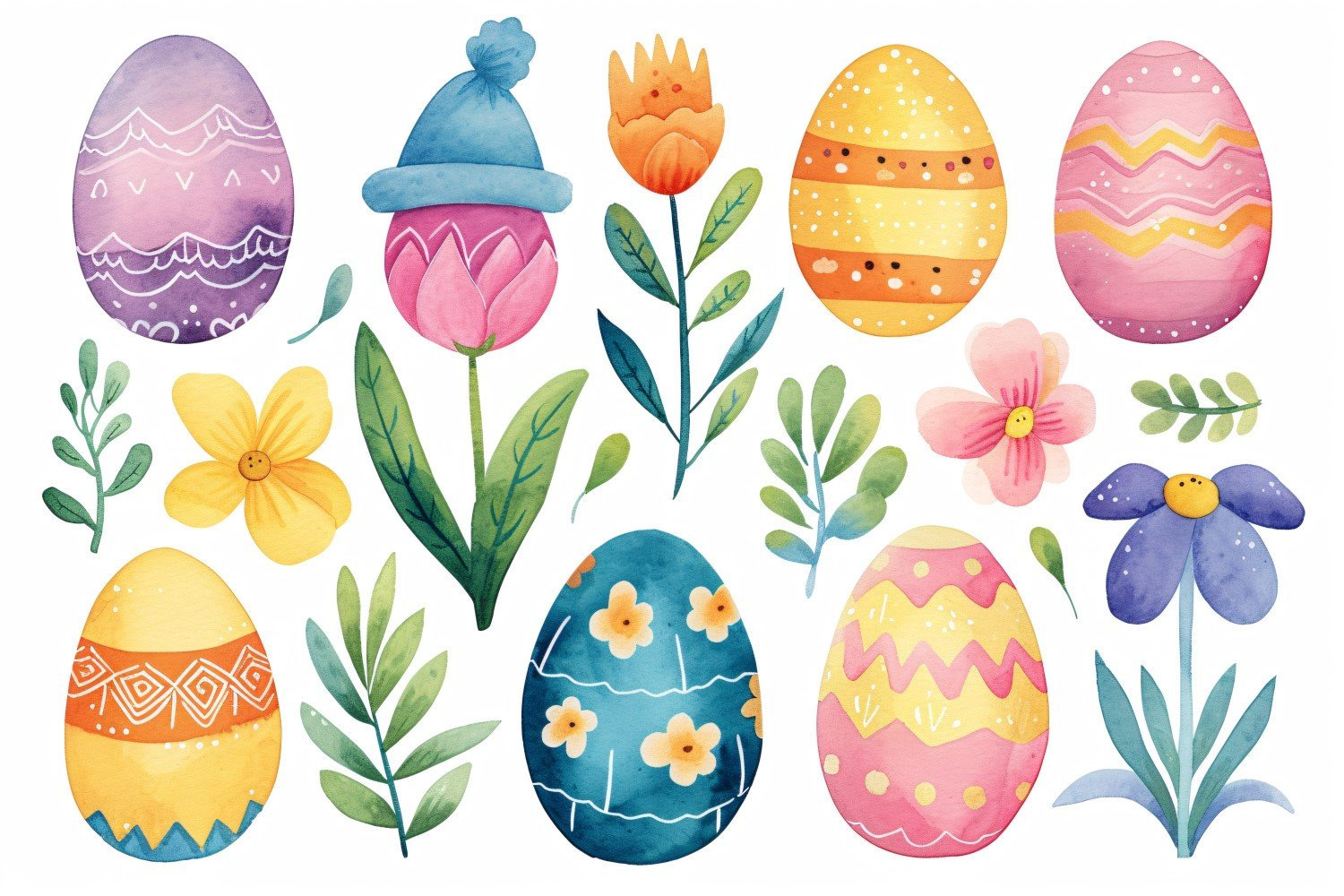 Colourful Watercolour Decorative Easter Egg & Spring Flower 139