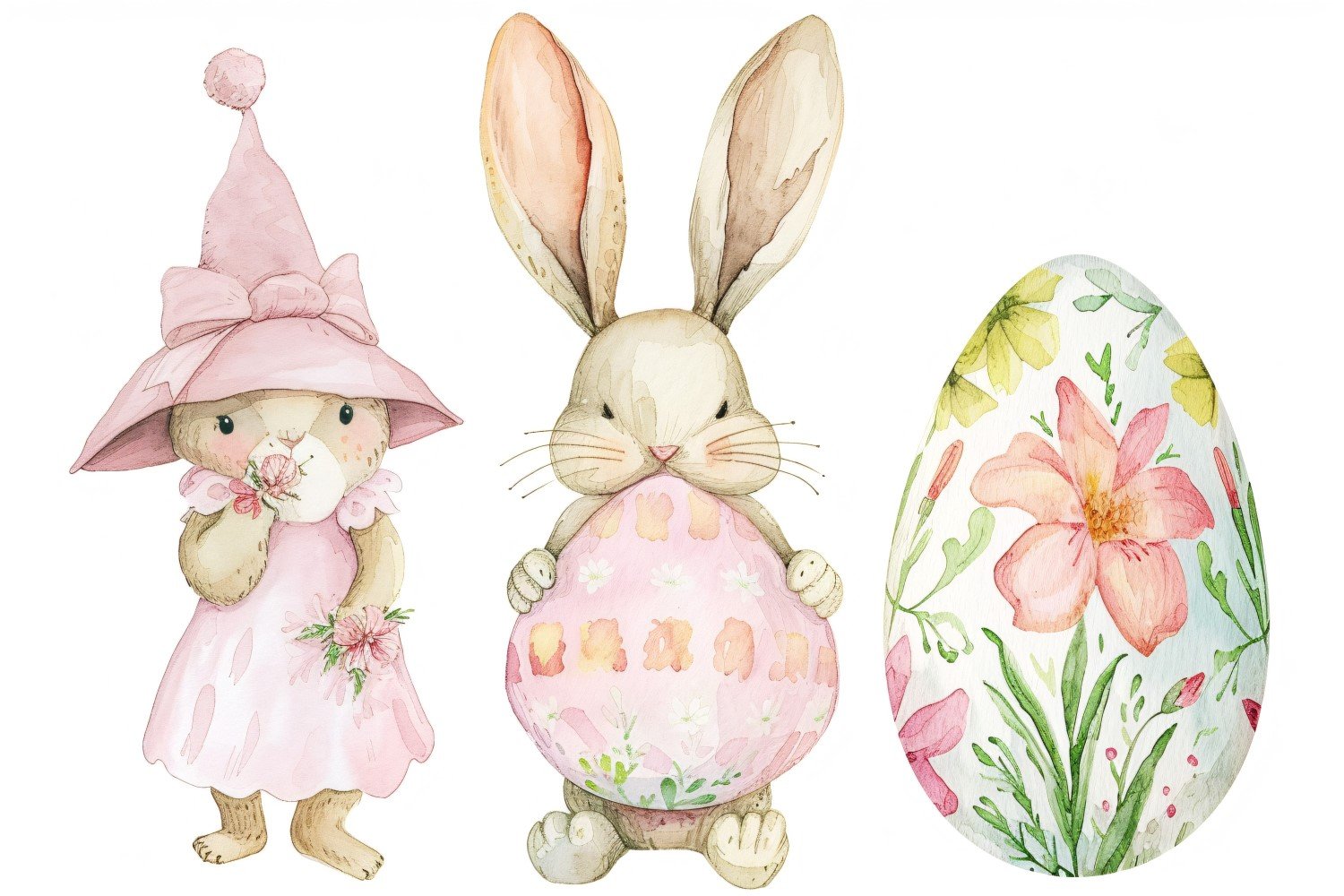 Watercolour Easter Bunnies With Colourful Easter Egg 153