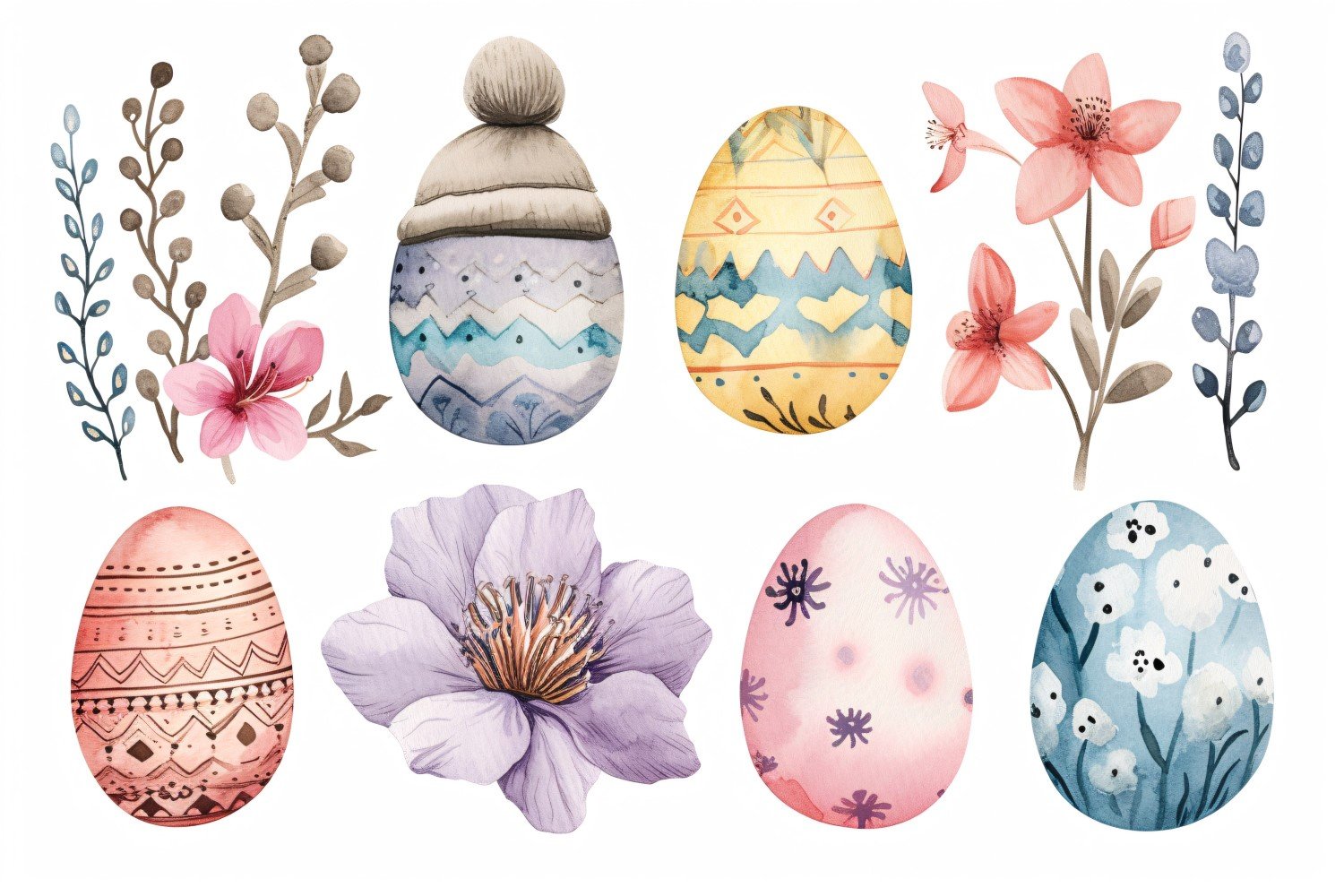 Colourful Watercolour Decorative Easter Egg & Spring Flower 177