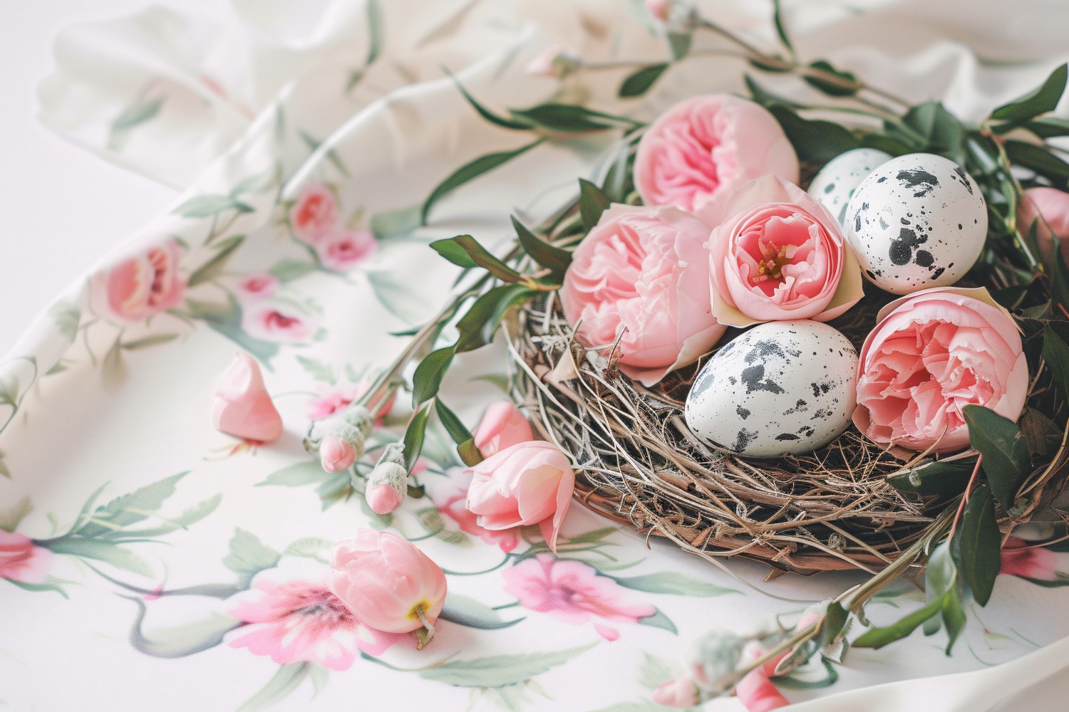 Easter decoration with flowers and eggs in birds nest 219