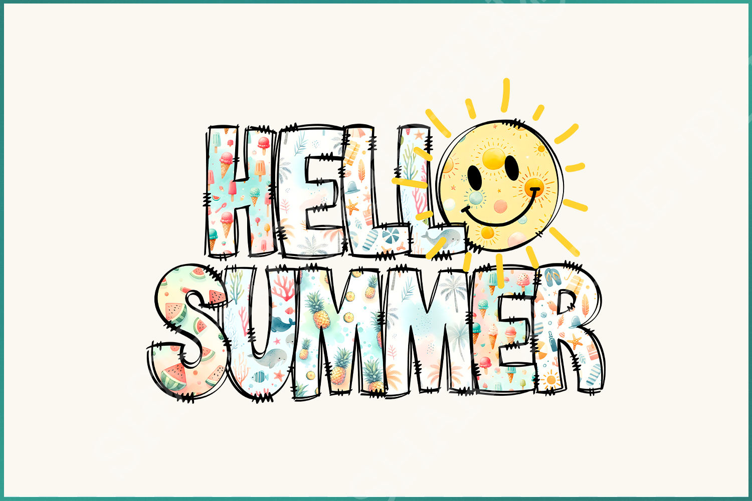 Hello Summer PNG, Sublimation Designs Download, Beach Vibes, Digital & Retro Doodles