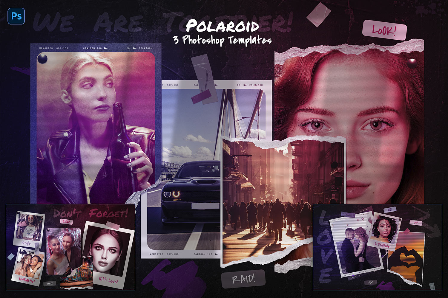 Polaroid Photo Templates with Neon Lights