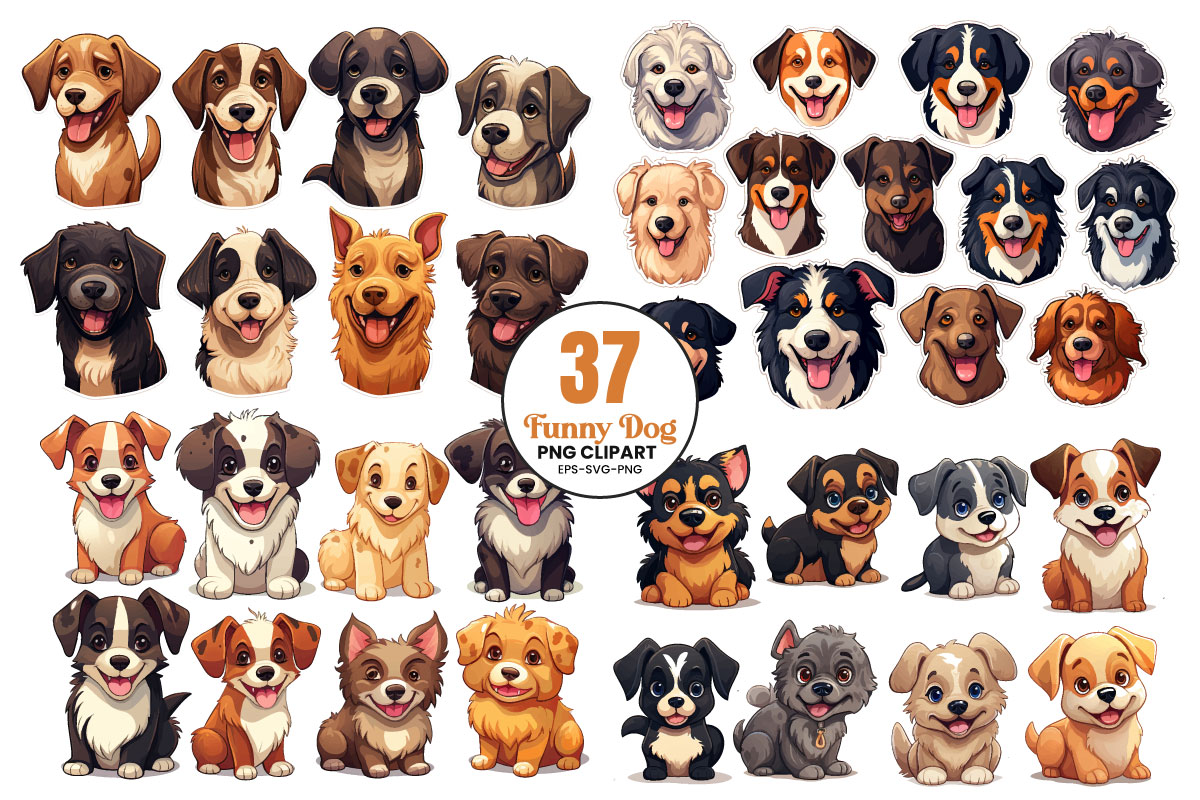 Cute funny dog sublimation sticker png clipart cartoon vector Illustration set