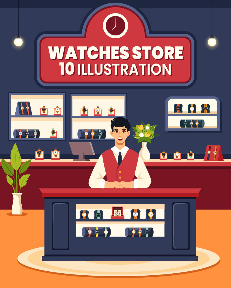 10 Watches Store Vector Illustration