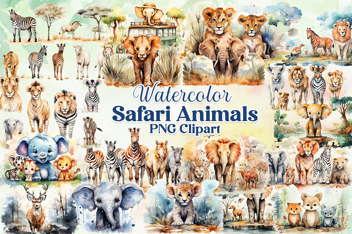 Printable Cute Watercolor Safari Animals Clipart PNG bundle