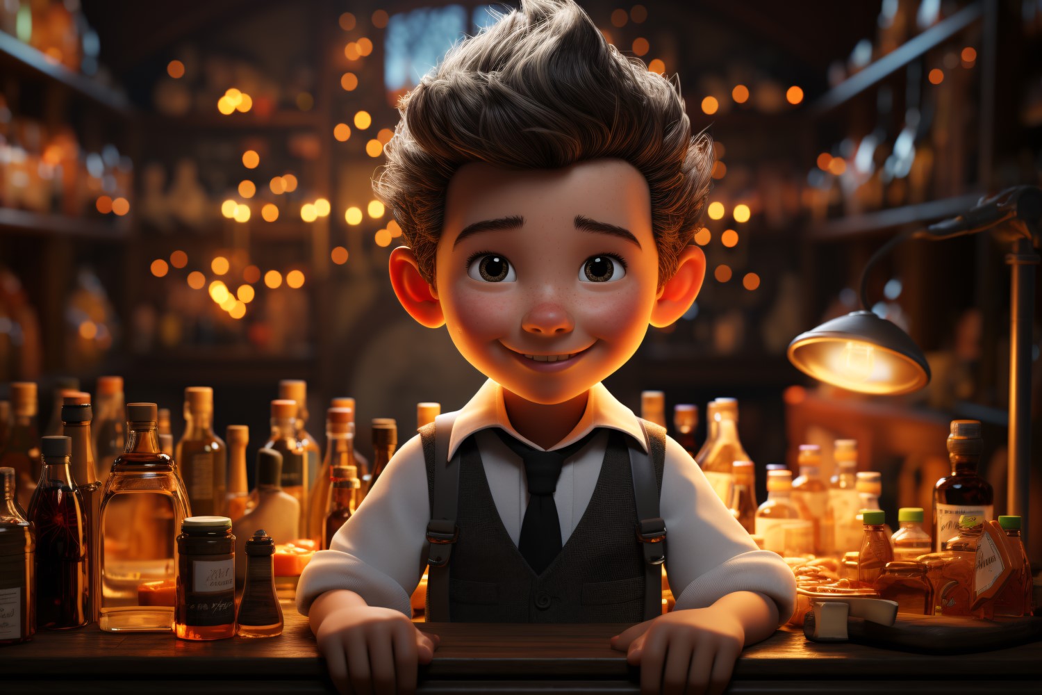 3D Character Child Boy Bartender with relevant environment 4