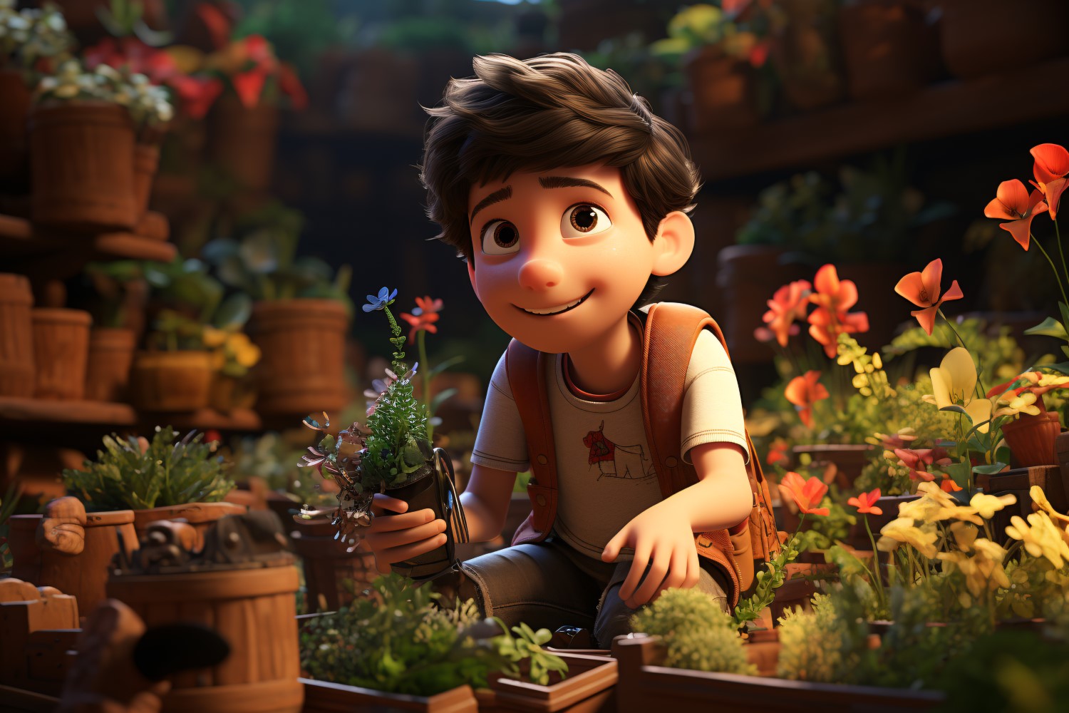 3D Character Child Boy gardener with relevant environment 2