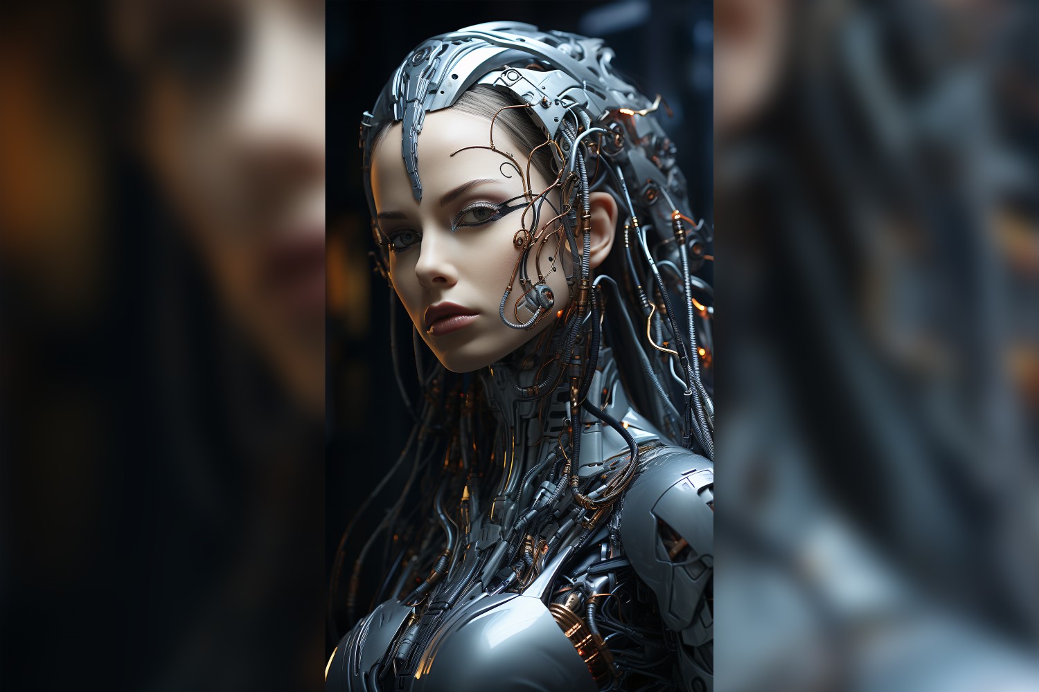 Close-up anthropomorphic Female robot futuristic Cyberpunk 94