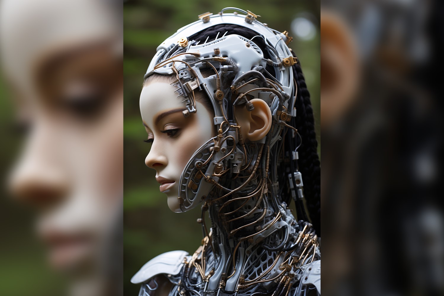 Close-up anthropomorphic Female robot futuristic Cyberpunk 120