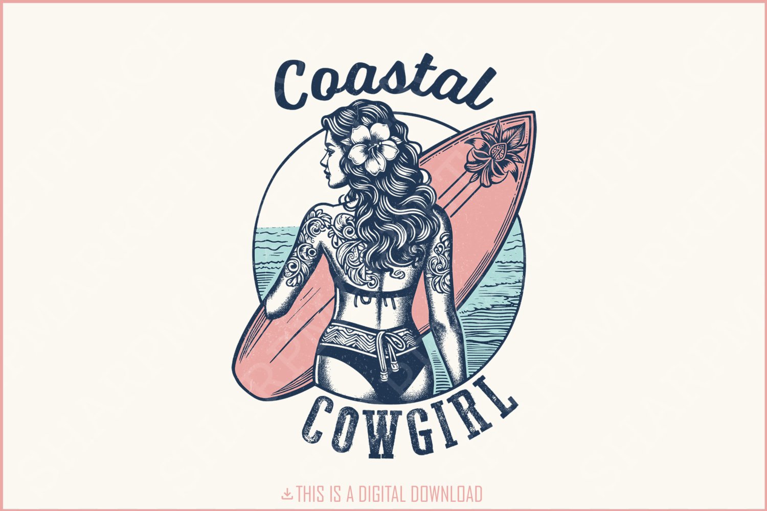 Retro Coastal Cowgirl PNG, Vintage Surf Girl Sublimation, Boho Western Surfboard T-Shirt, Beach