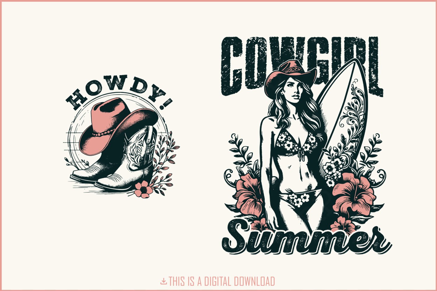 Cowgirl Summer PNG, Coastal Western Shirt Design, Retro Beach Cowgirl, Country Summer Vibes, Pink