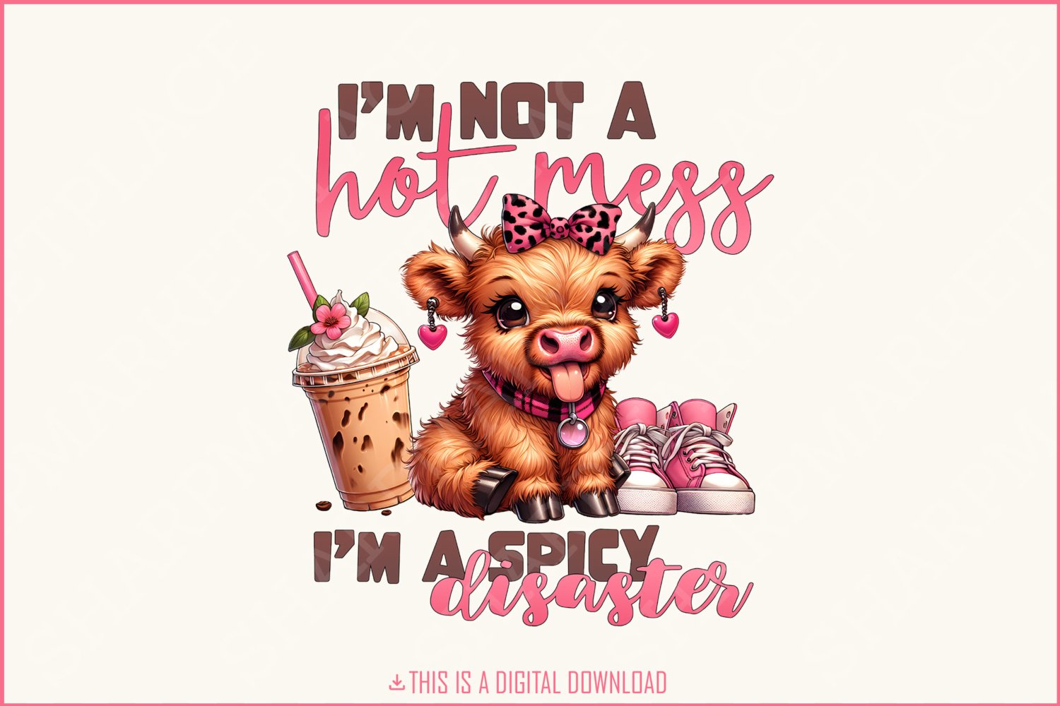 Cute Highland Cow Sticking Out Tongue PNG, I'm Not A Mess, Leopard Bow Cow, Funny Positive Design