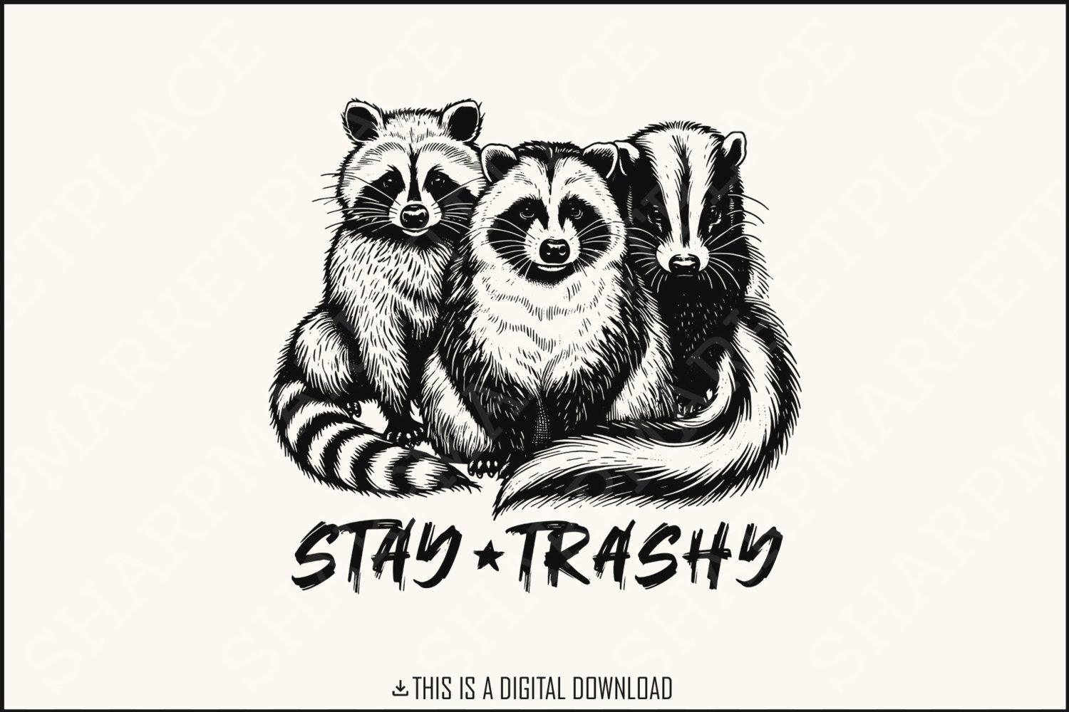 Stay Trashy PNG, Funny Raccoon Opossum Skunk, Retro Animal Design, Raccoon Humorous T-Shirt