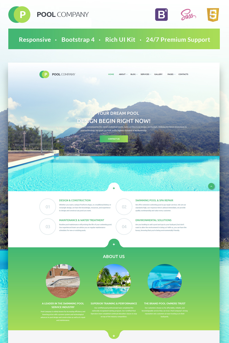 Pool Company Bootstrap Theme Website Template