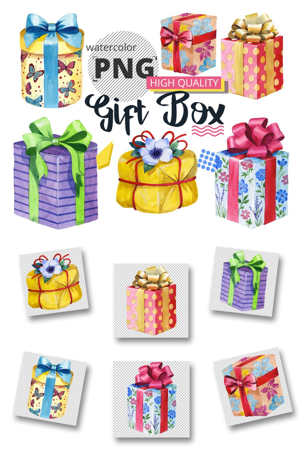 Gift boxes watercolor PNG set - Illustration