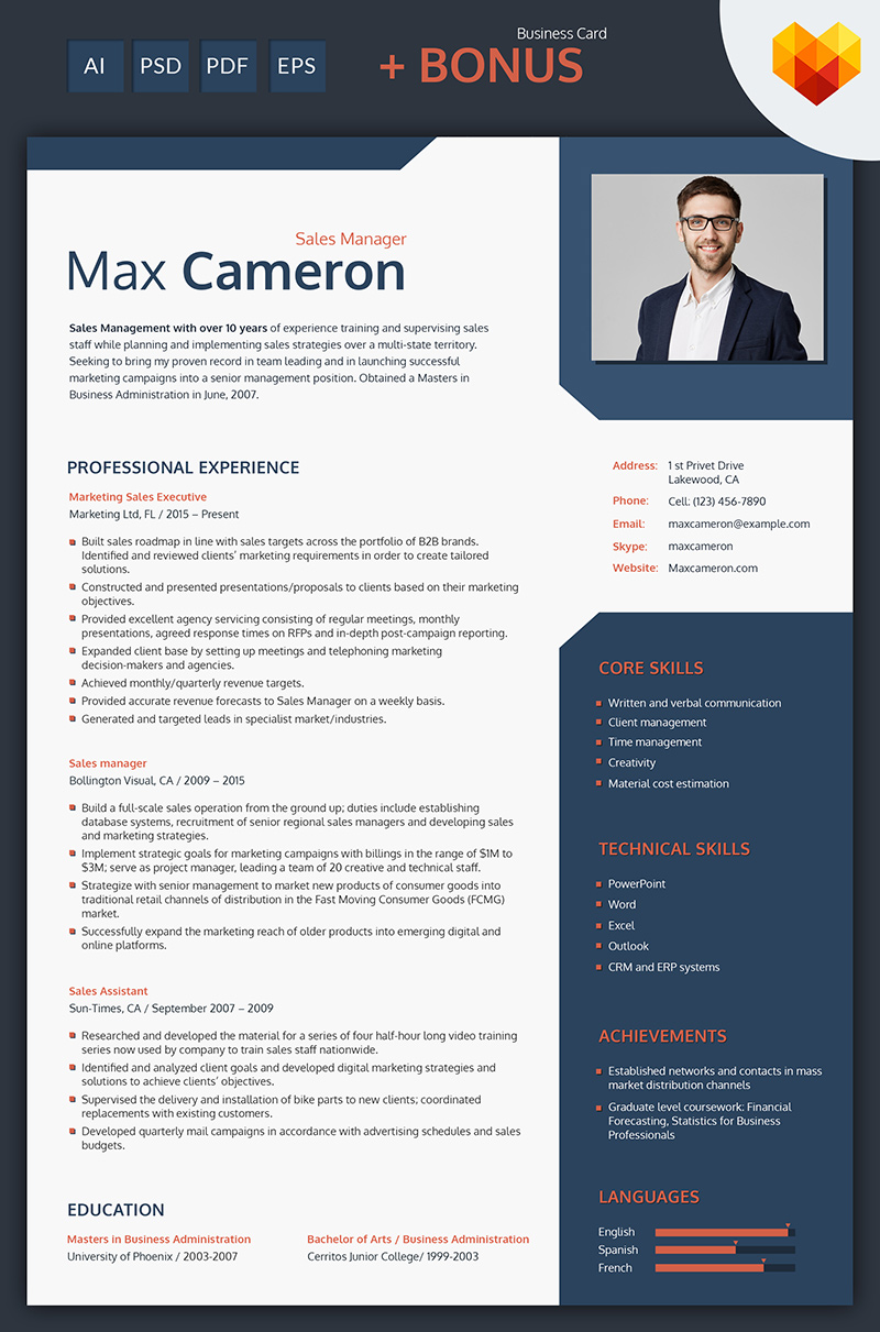 Max Cameron - Sales Manager Resume Template