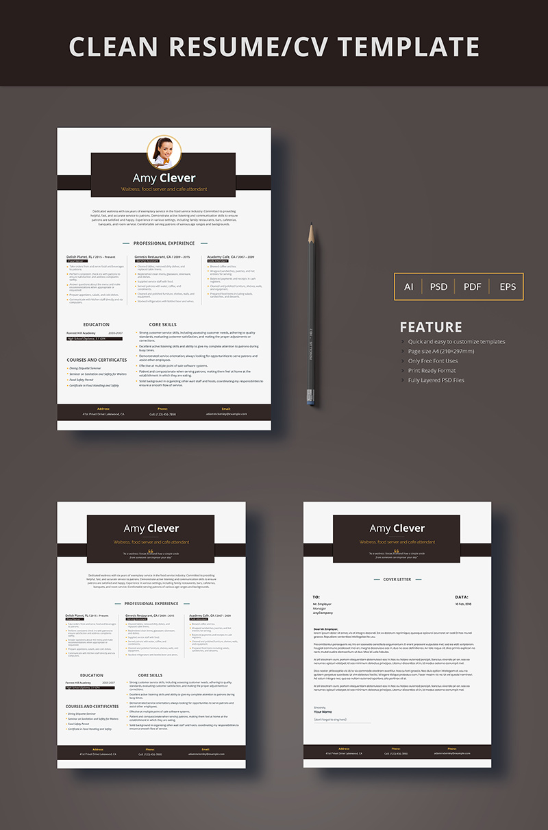Amy Clever - Waitress, Food Server and Cafe Attendant Resume Template