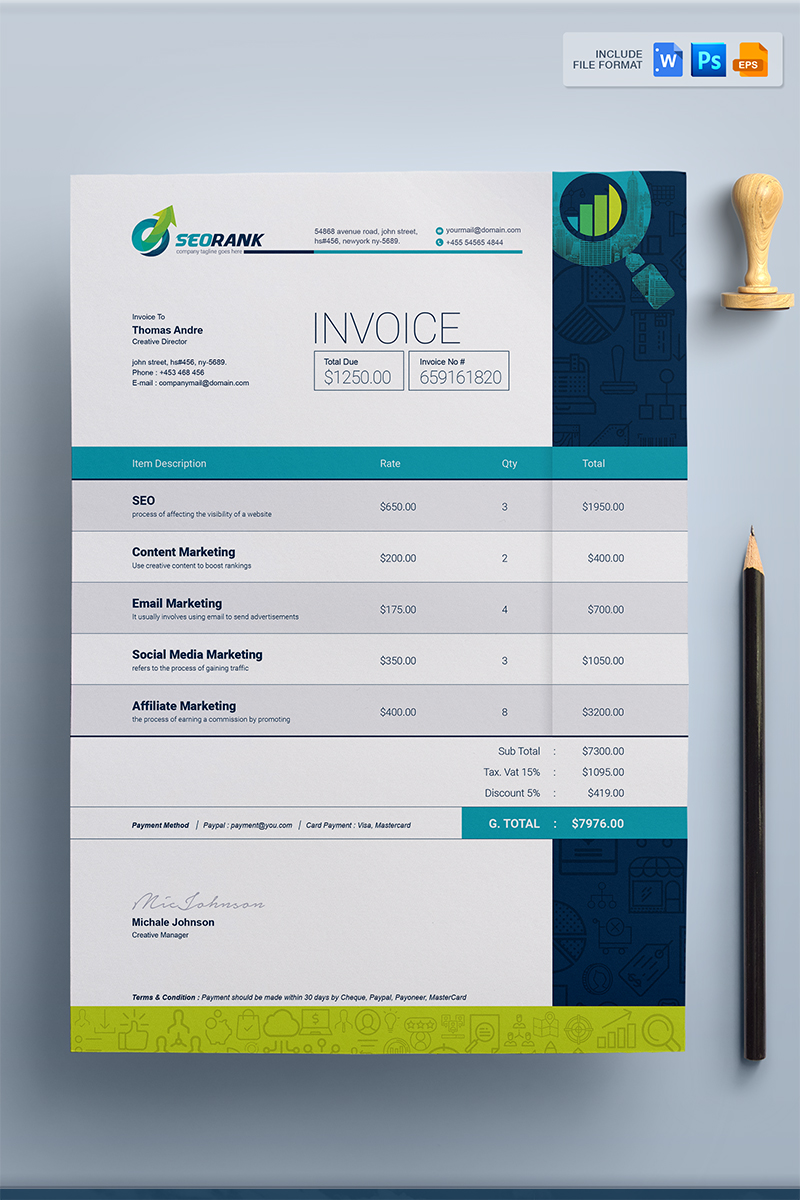 Simple Clean MS Word, PSD,  EPS Invoice - - Corporate Identity Template
