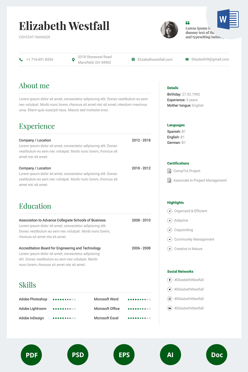 Elizabeth Westfall - Content Manager Resume Template