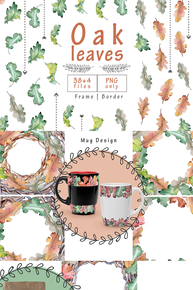 Oak Leaves PNG Watercolor Set - Illustration