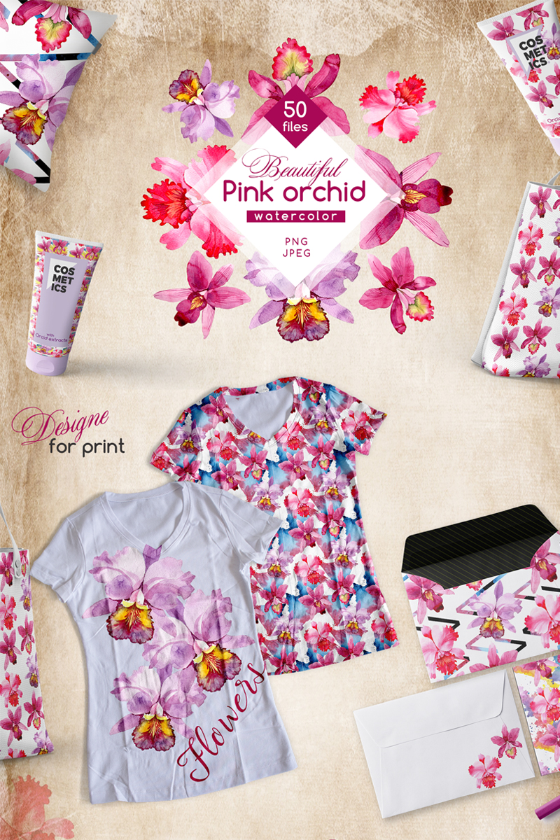 Pink Orchid PNG Watercolor Flower Set - Illustration