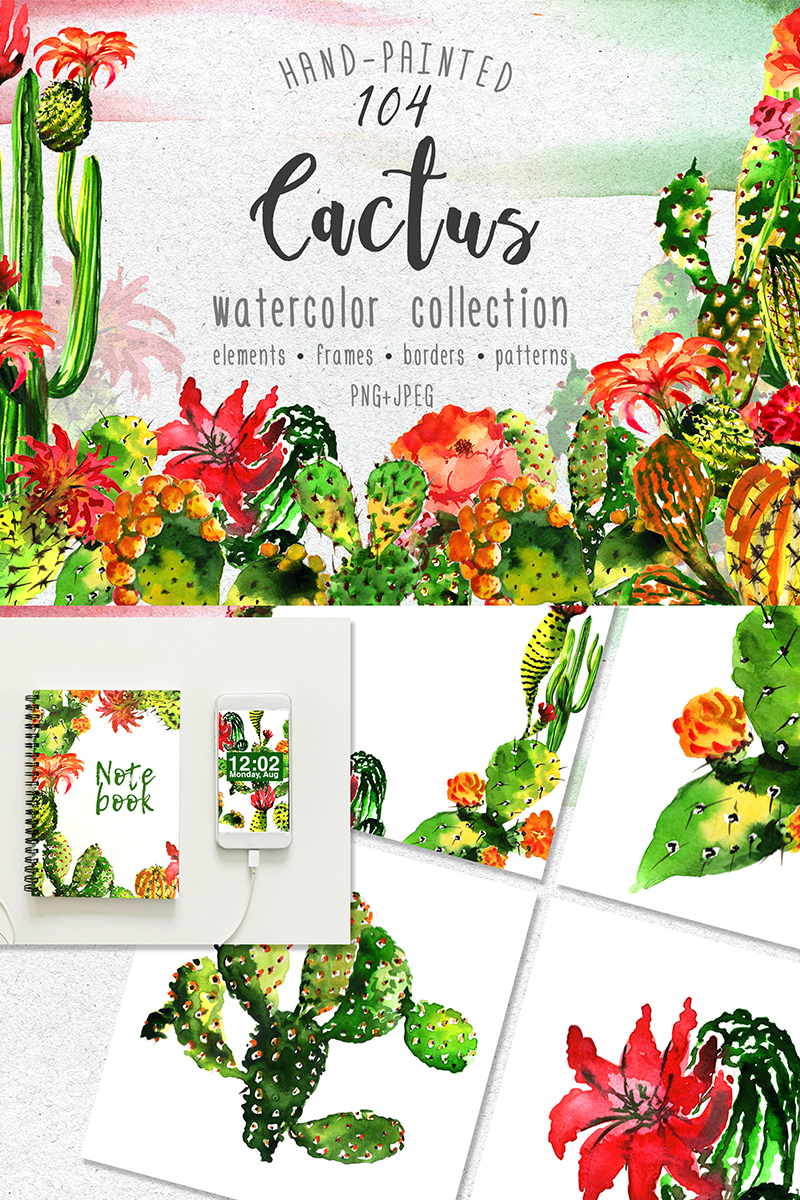 Aquarelle Green Cactus PNG Set - Illustration