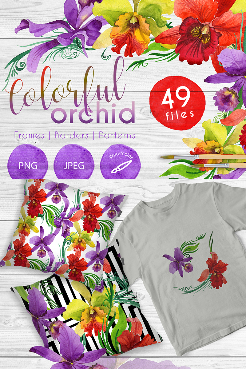 Colorful Orchid PNG Watercolor Set - Illustration