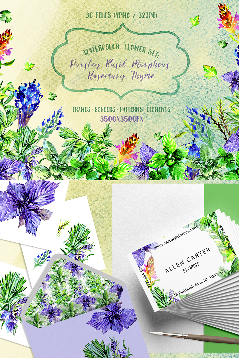 Bouquet of Herbs PNG Watercolor Set - Illustration