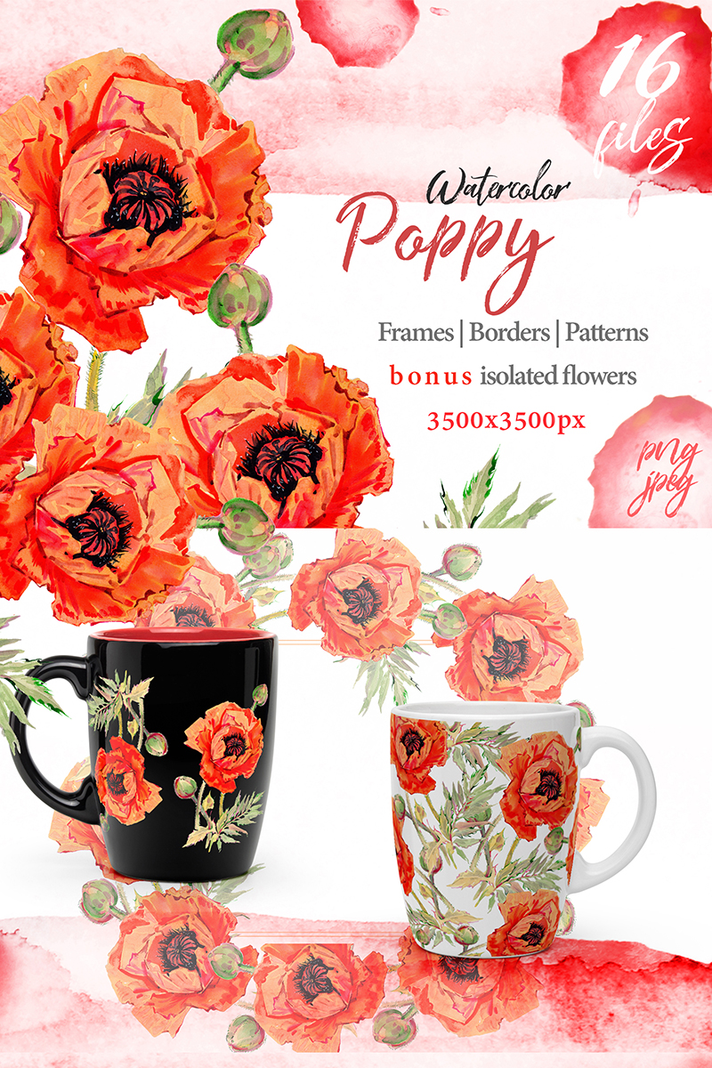 Watercolor Red Poppy PNG Set - Illustration