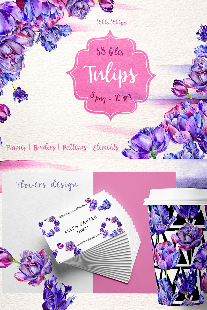 Lovely Purple Tulip PNG Watercolor Set - Illustration